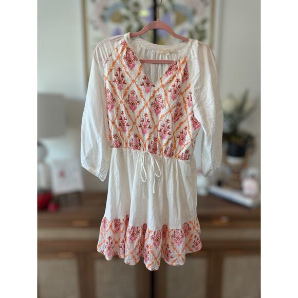 NWOT Fanco Embroidered Geometric Diamond Lattice Peasant Mini Dress White Large - Picture 1 of 11